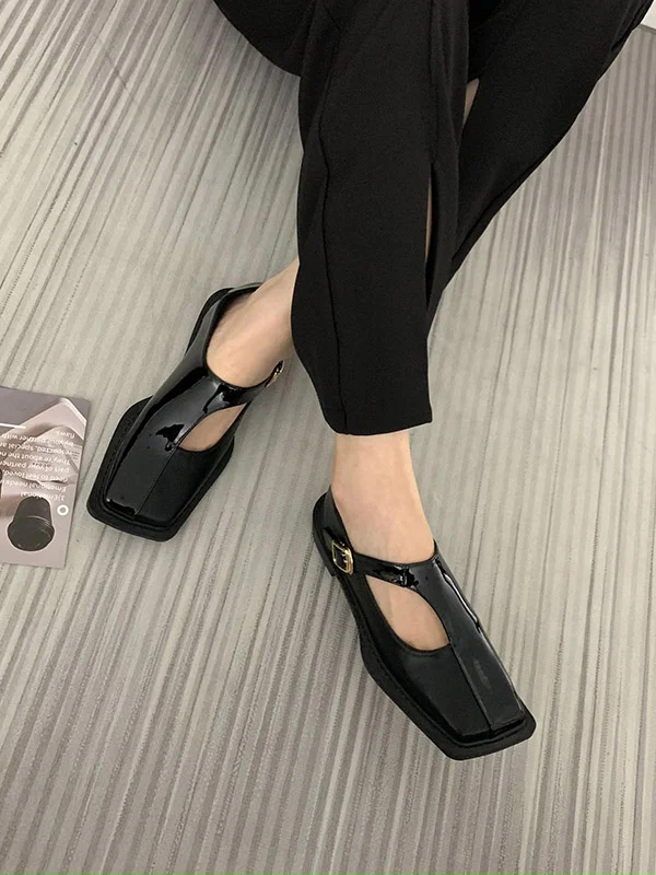 Square-Toe Split-Joint Hollow Buckle Loafers Flat Shoes