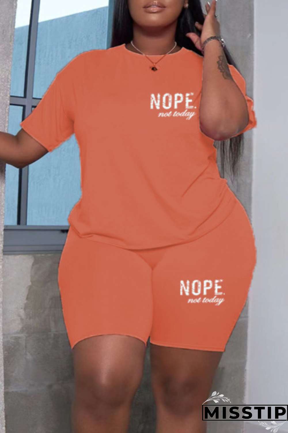 Orange Street Print O Neck Plus Size Two Pieces