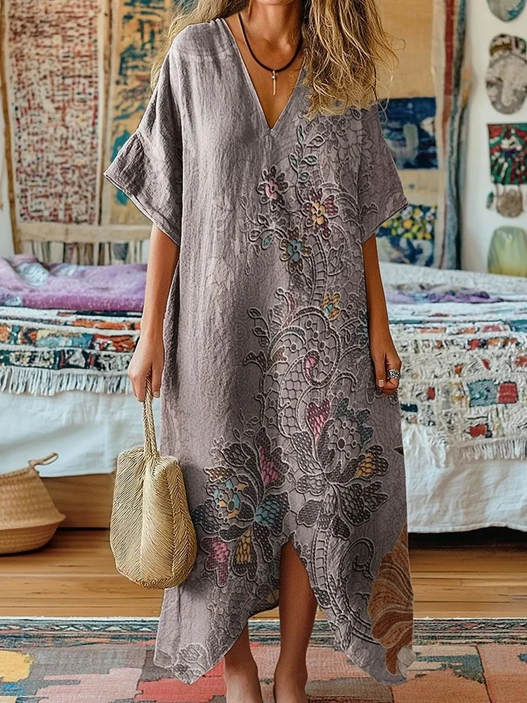 Women's Vintage Floral Art Print V-Neck Cotton Short Sleeve Dress