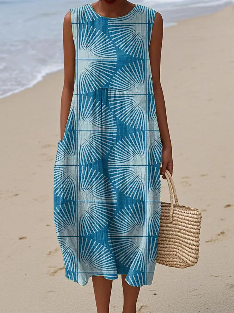 Women's Vintage Abstract Pattern Art Print Sleeveless Cotton Pocket Wrap Dress