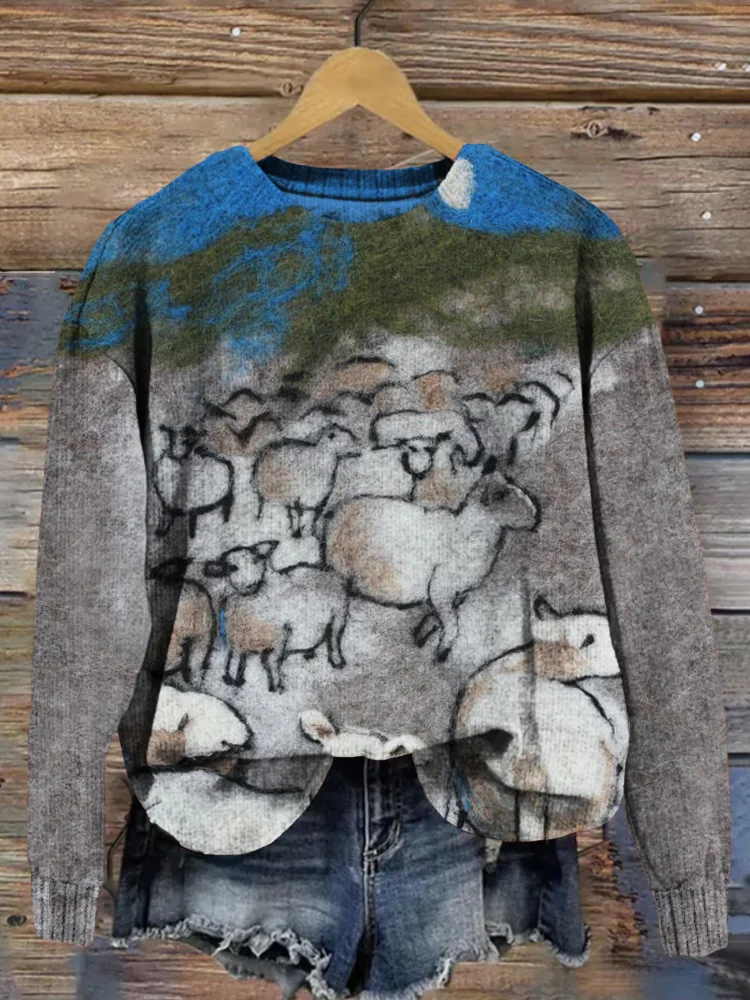 Sheep in the Night Felt Art Crew Neck Comfy Sweater