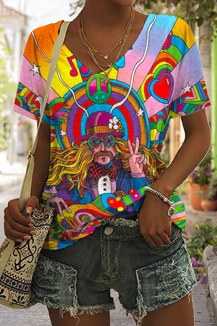 🔥kukelife🔥Hippie Music Guitar Print V-Neck T-Shirt