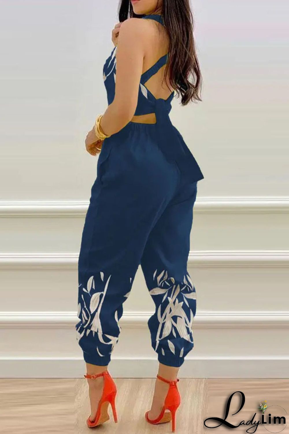 Blue Sexy Print Split Joint Backless Regular Jumpsuits