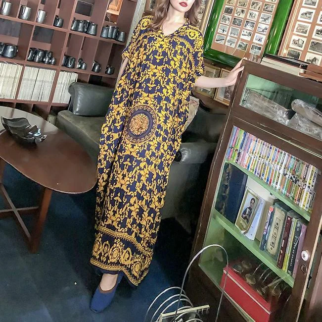 DIY v neck pockets Tunics pattern yellow print long Dresses