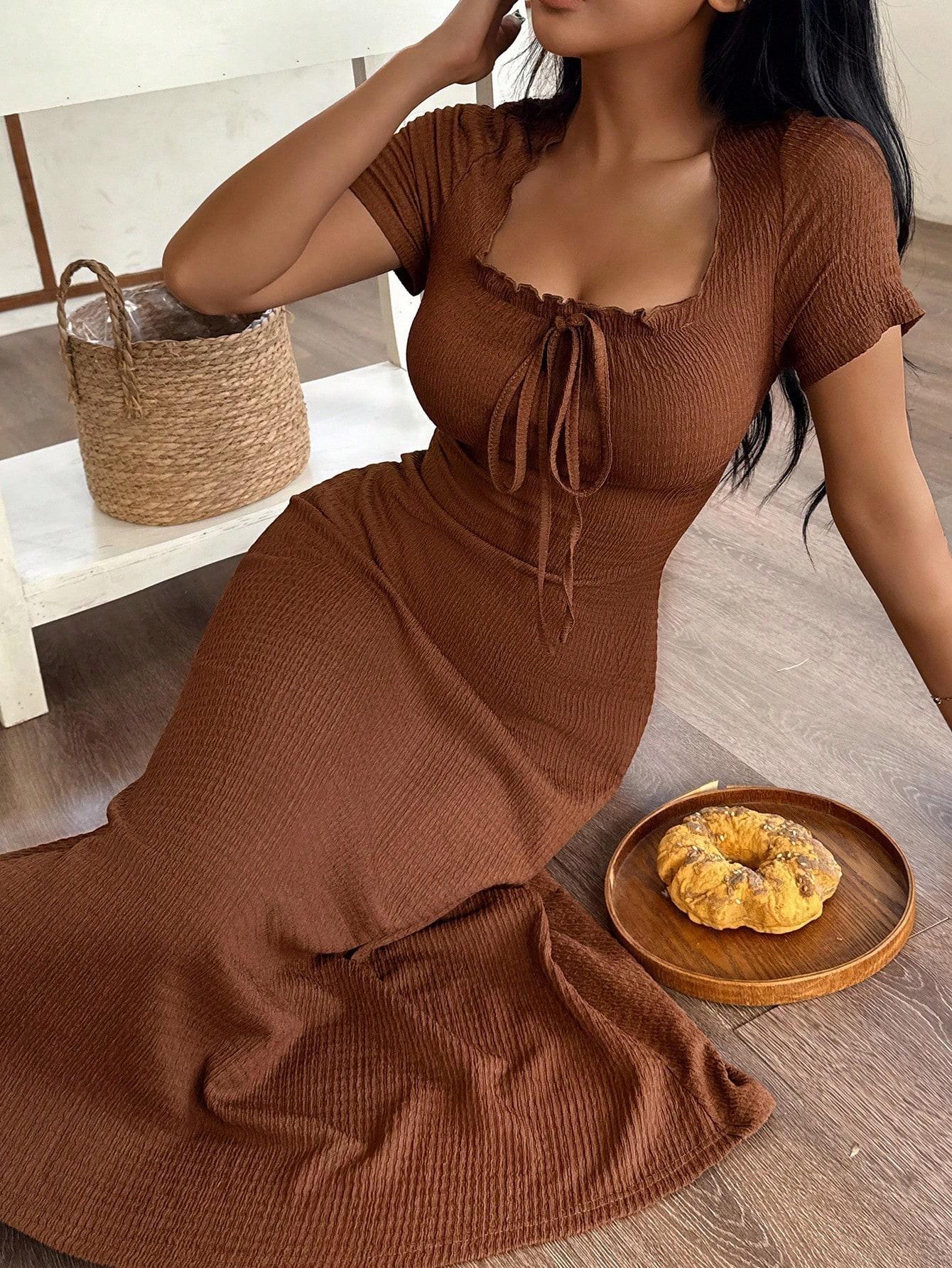 Women's Casual Solid Color Jacquard Gathered Ruffle Trim Square Neck Maxi Loungewear Dress Brown Dress Lounge Dress Summer Dress Tie Front Dress Midi Dress