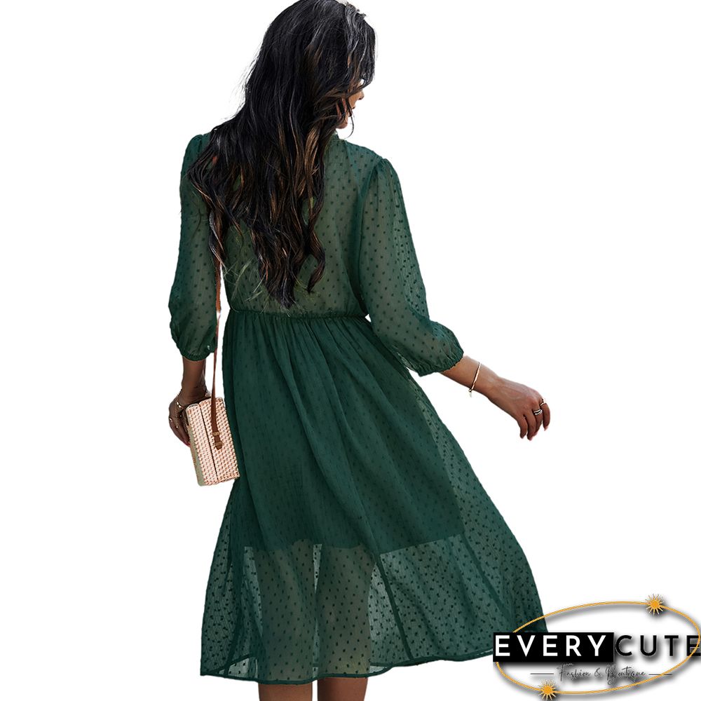 Green V Neck 3/4 Sleeve Slim Waist Chiffon Dress