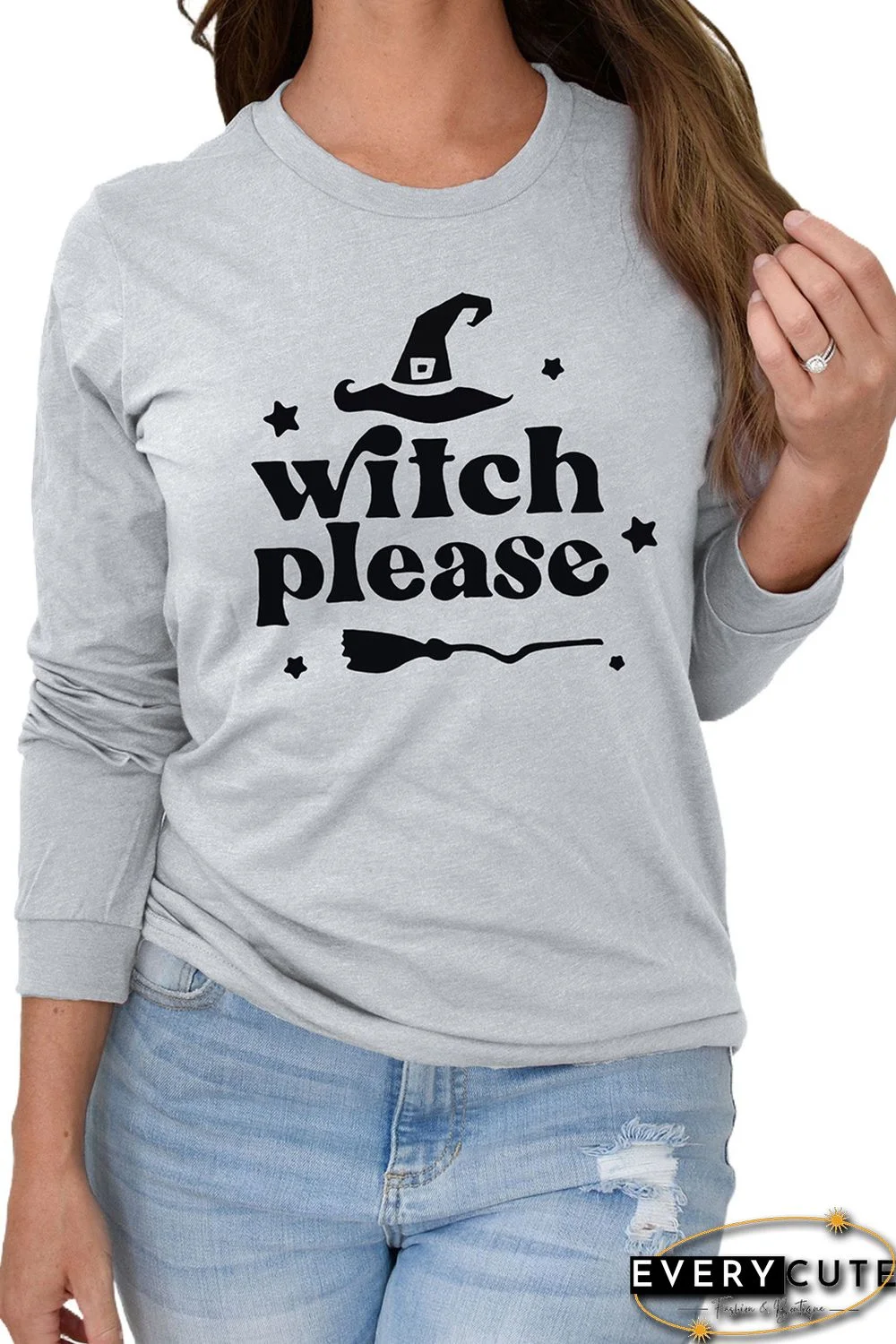 Gray Witch Please Graphic Print Long Sleeve Top