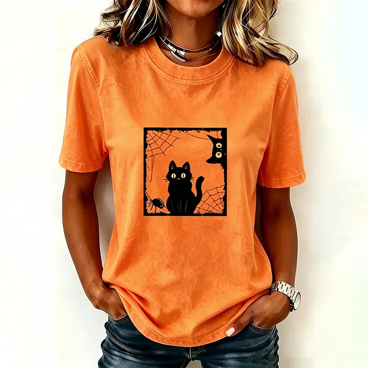 Women's Halloween Cute Cat Print Crew Neck Short Sleeve T-shirt