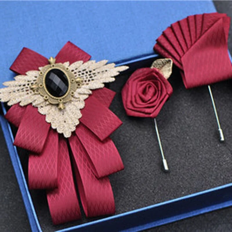 Fashion New Casual Multilayer Bowtie Diamond Brooch Rhinestone Red Bow Tie Brooch Set Wedding Groom Groomsmen Pocket Square Men