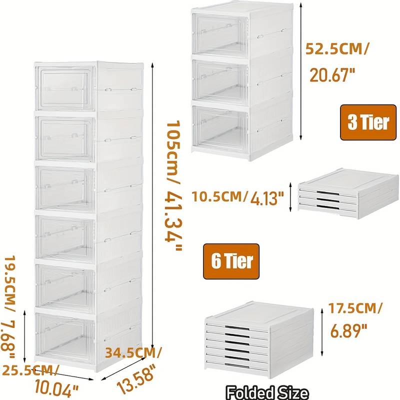 1pc 6-tier Boîtes À Chaussures Transparentes Avec Porte, Étagère À Chaussures Pliables Empilables Et Combinables Gratuitement, Conteneur De Baskets En Plastique, Organisateur De Rangement Gain De Place Pour Lentrée, La Chambre, La Maison, Le Dortoir détails 2