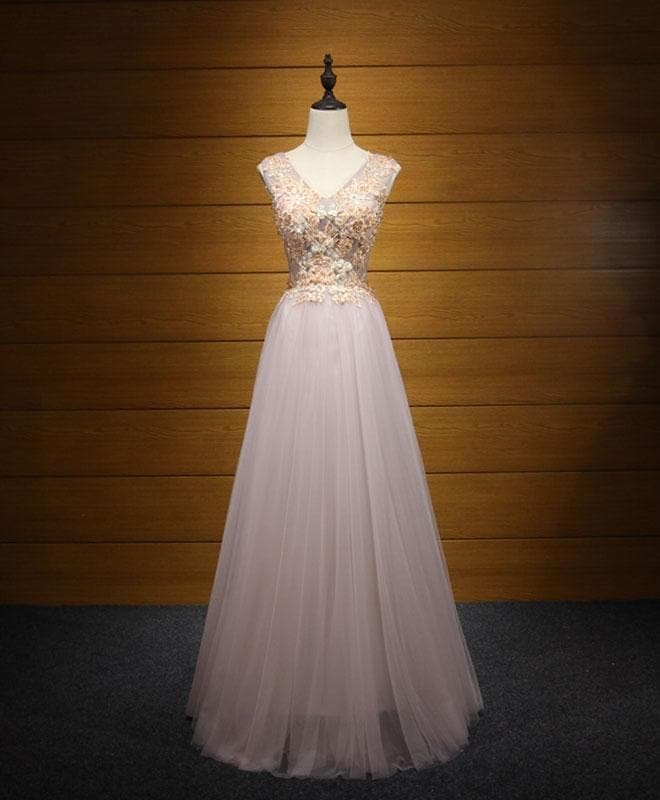 Elegant V Neck Tulle Lace Long Prom Dress, Evening Dresses