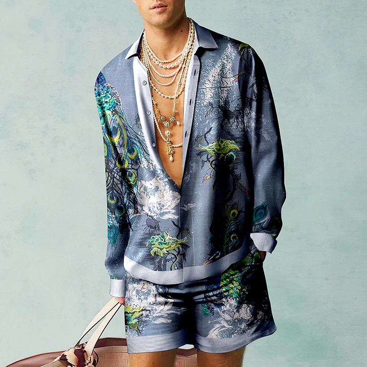 BrosWear Peacock Feather Grey Print Shirt And Shorts Co-Ord