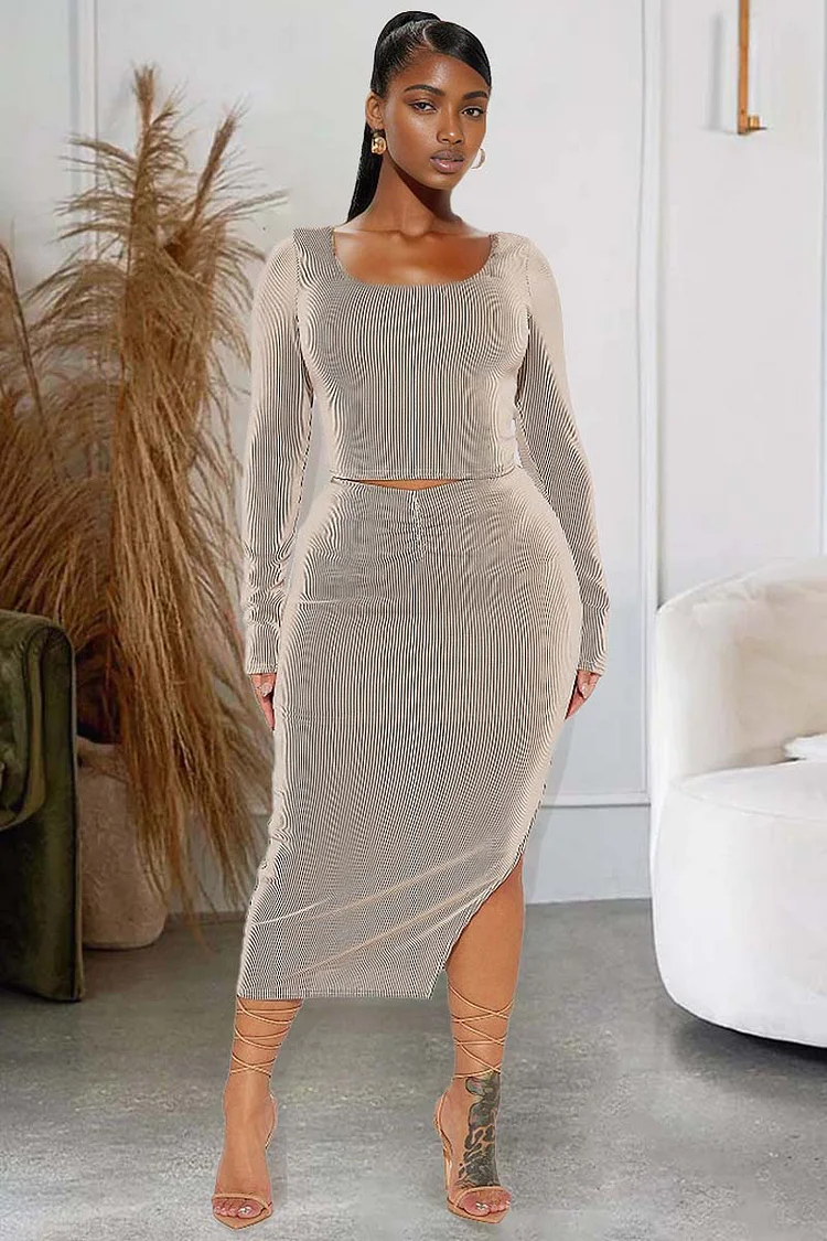 Pleated Scoop Neck Long Sleeve Crop Top Slit Midi Skirt Matching Set-Khaki [Pre Order]