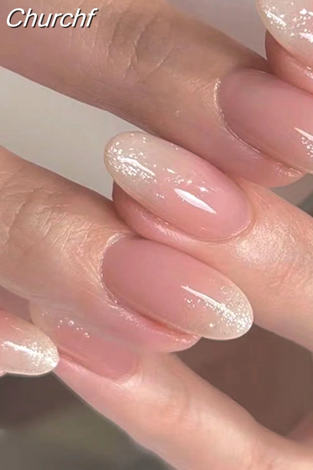 Churchf Glitter Short Almond False Nails Pink Aurora Ellipse Fake Nails Press on Nails DIY Manicure Detachable Full Cover Nail Tip 319-1