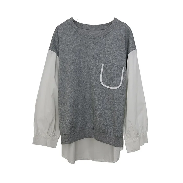 Casual Loose Round Neck Contrast Color Patchwork Long Sleeve T-shirt 