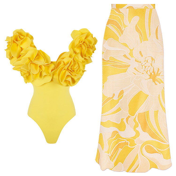 3D Flowers Decor Swimsuit and Skirt Flaxmaker