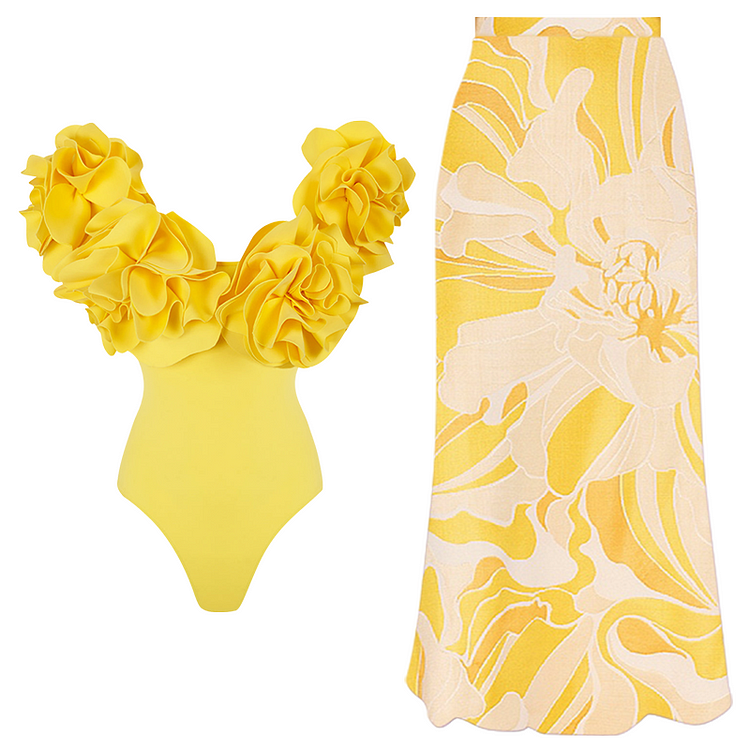 3D Flowers Decor One Piece Swimsuit and Skirt Flaxmaker