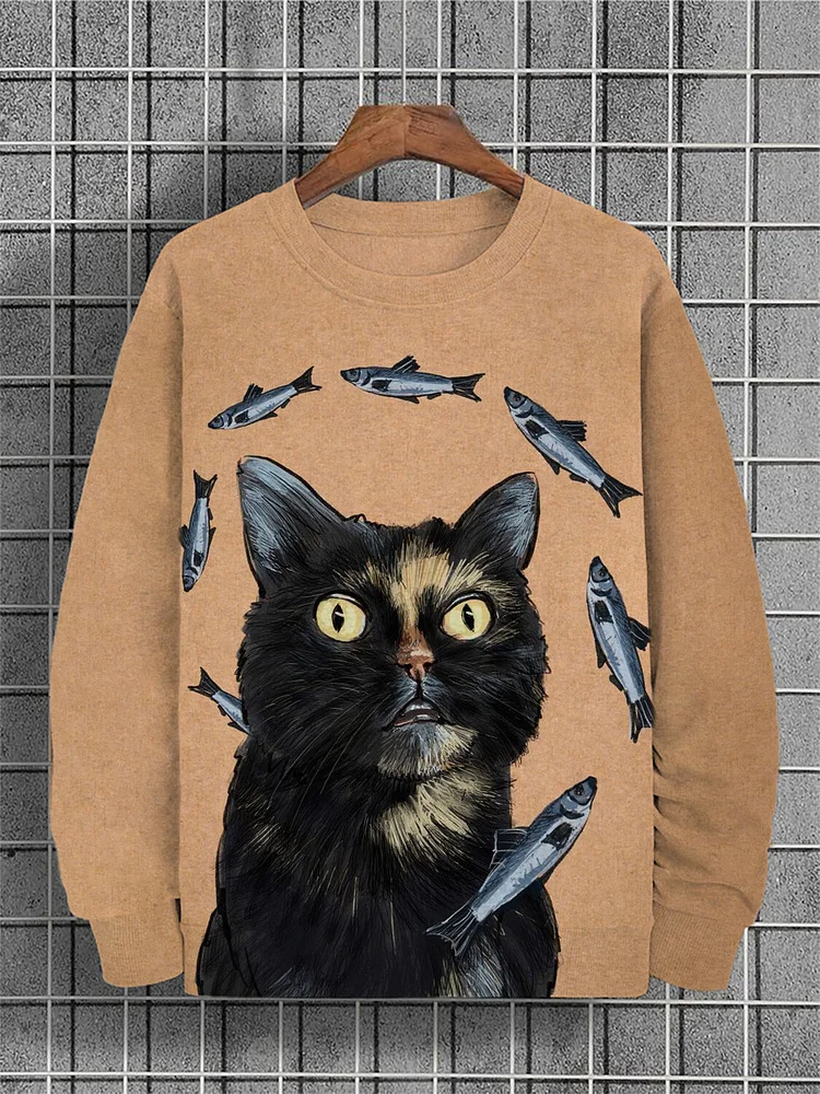 Men's Black Cat and Fish Graphic Print Casual Sweatshirt
