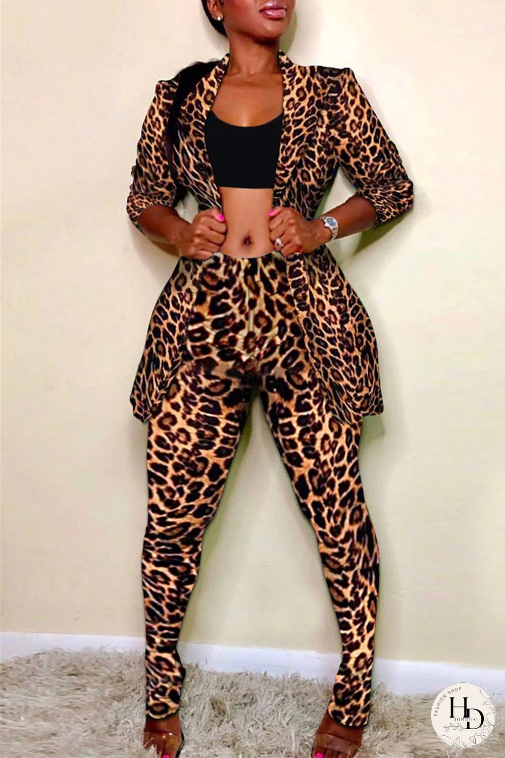 Turquoise Fashion Casual Print Cardigan Pants Turndown Collar Plus Size Two Pieces