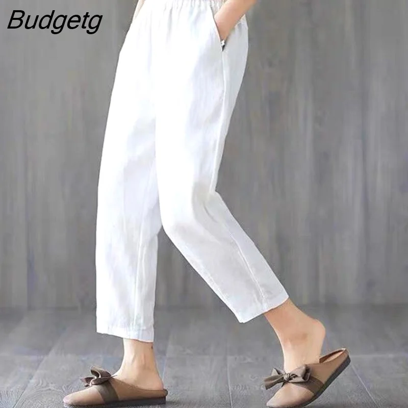 Budgetg 2023 Summer Cotton Linen Pants Women Solid Color Elastic Waist Harem Trousers Woman Thin Ankle Length Casual Pants Ladies