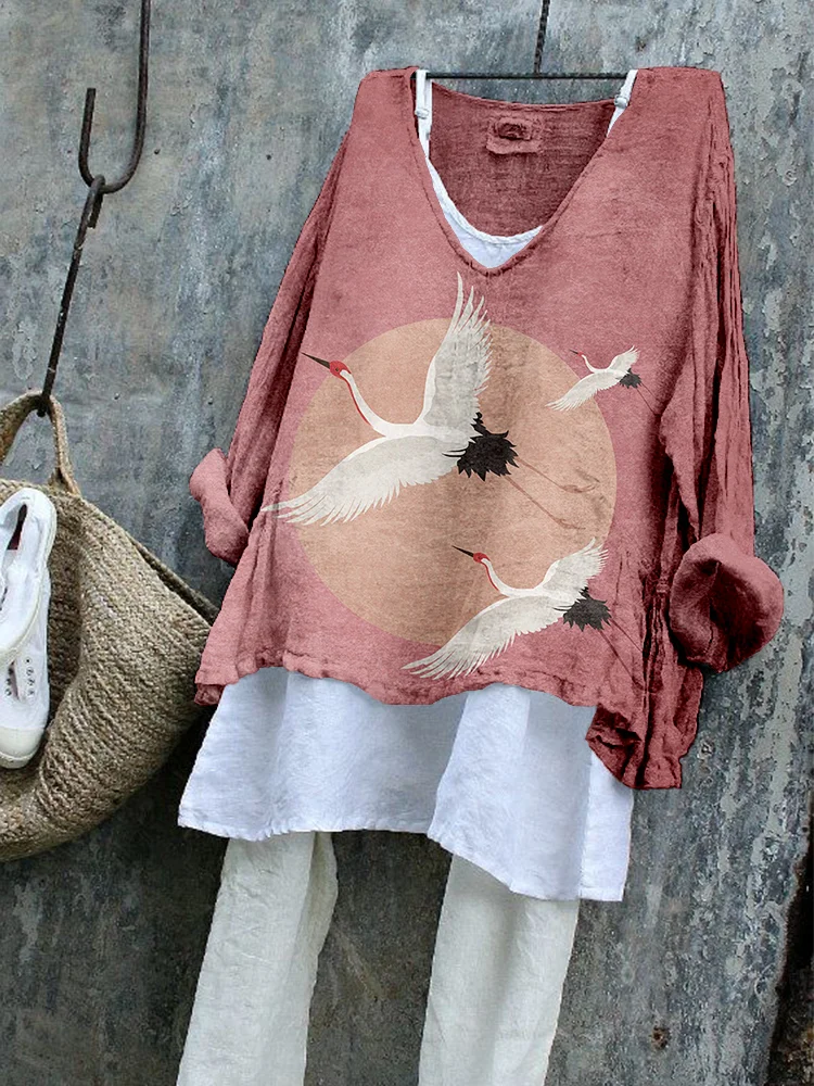 Wearshes Flying Cranes Japanese Art Pattern Cozy Flowy Tunic