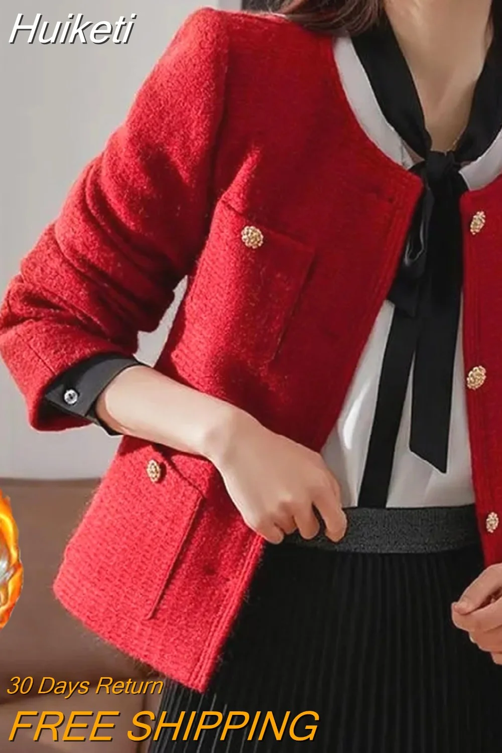 Huiketi Vintage Women Christmas Red Tweed Jacket French Winter Thick Elegant Coat Sweet O Neck Single Breasted Female Outwear Warm
