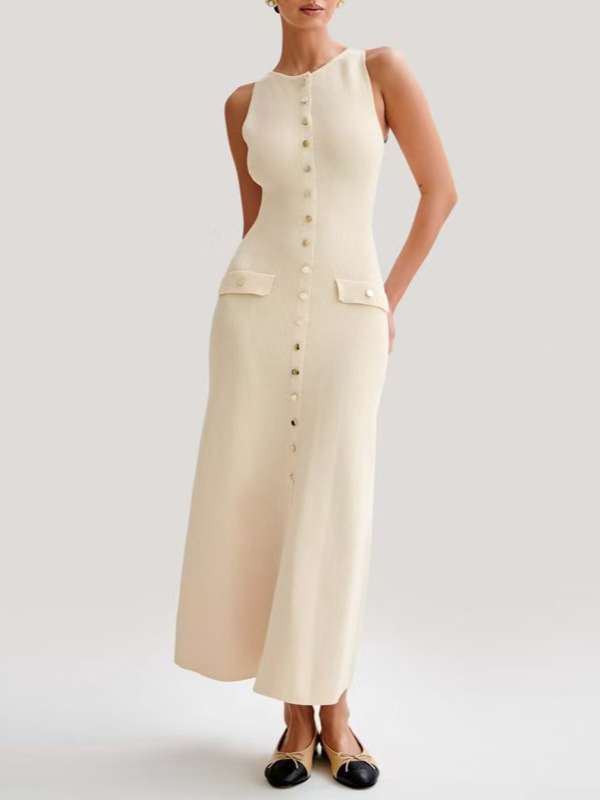Row Of Buttons Flap Pockets Sleeveless Knitted Maxi Dress