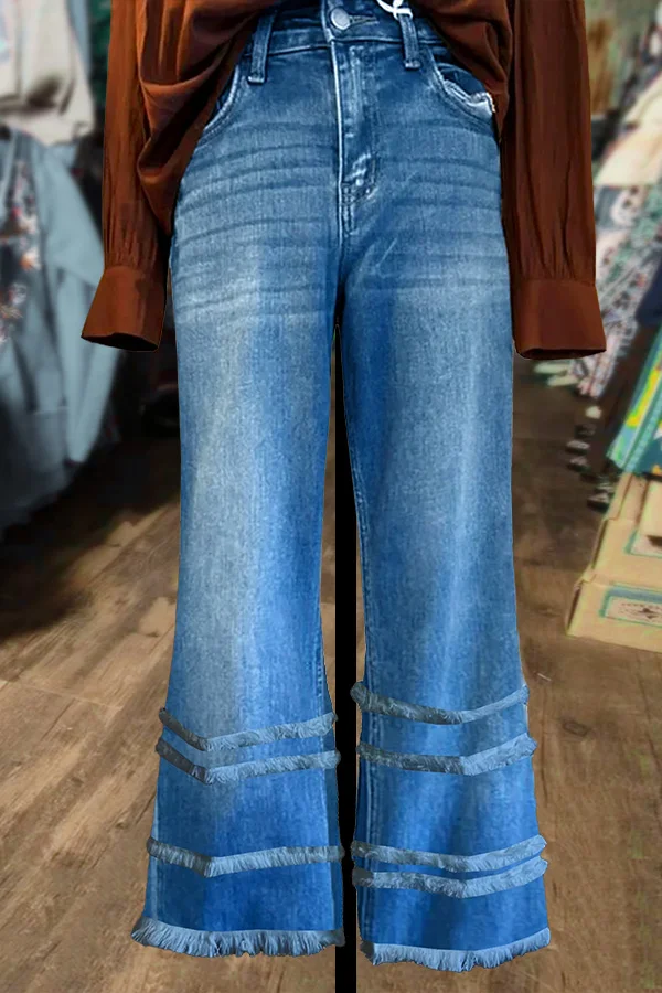 Denim Frayed Tiered Flare Pants