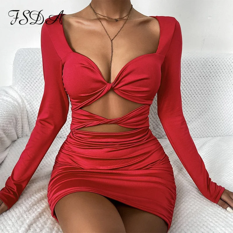 FSDA 2021 Black Long Sleeve Bodycon Dress Hollow Out Mini Autumn Winter Red Bandage Sexy V Neck Women Party Dresses