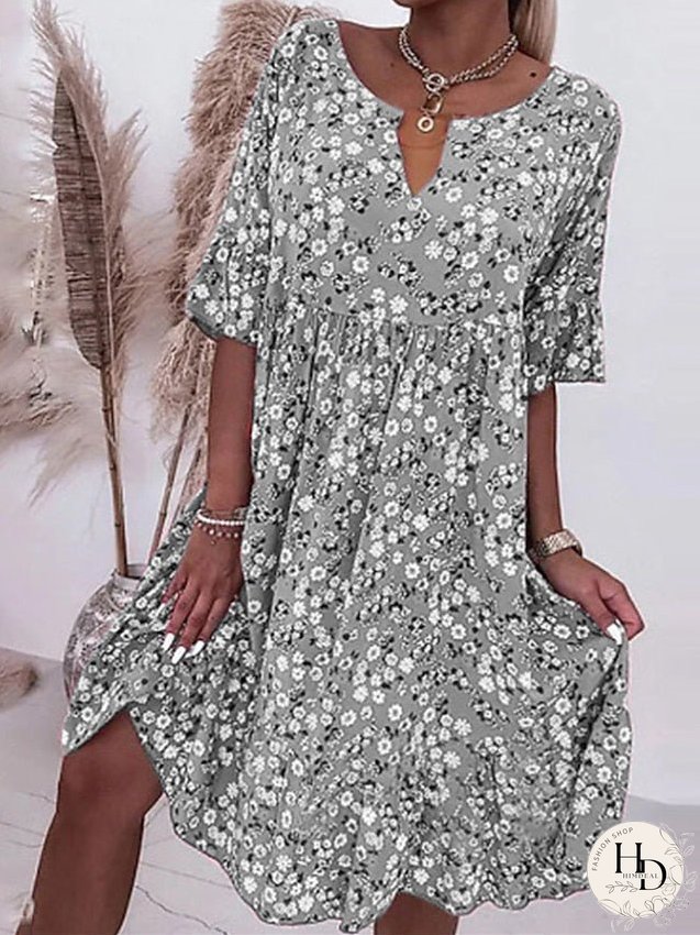 Casual Dress Floral Dress Summer Dress Floral Ditsy Floral Print Split Neck Midi Dress Active Fashion Daily Holiday Half Sleeve Loose Fit Pink Blue Gray Summer Spring S M L XL XXL for Women