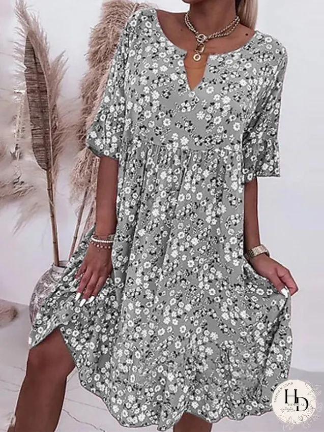 Casual Dress Floral Dress Summer Dress Floral Ditsy Floral Print Split Neck Midi Dress Active Fashion Daily Holiday Half Sleeve Loose Fit Pink Blue Gray Summer Spring S M L XL XXL for Women