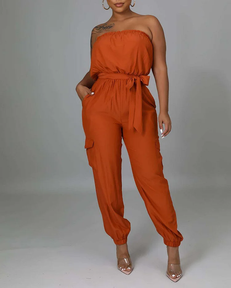 Solid Belted Flap Pocket Frill Trim Strapless Jumpsuit