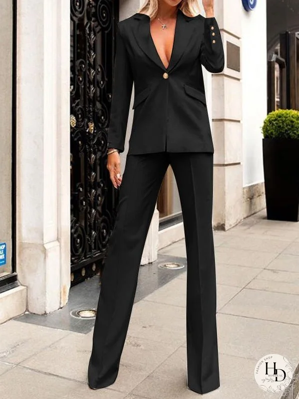 Solid Lapel Blazer & Pants Two-Piece Set