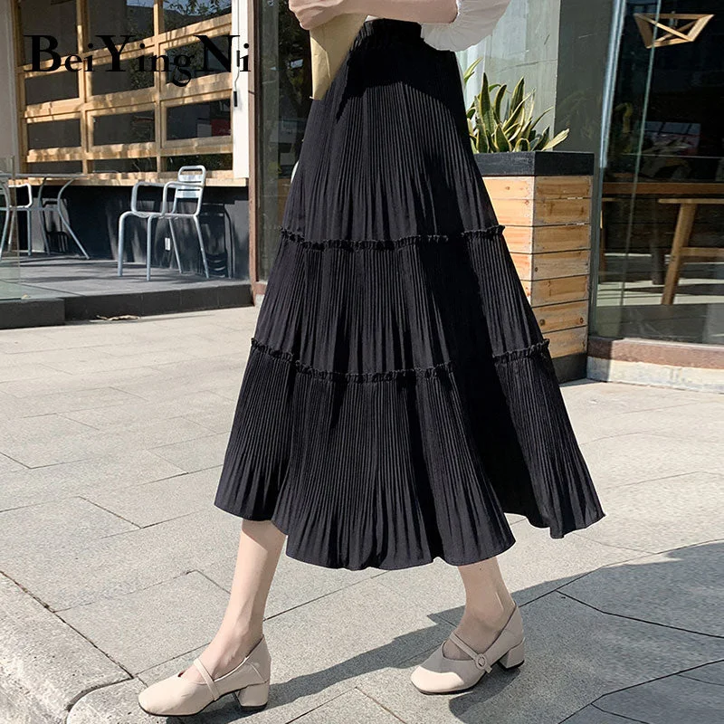 Beiyingni Pleated Skirt Women Vintage Casual Chiffon Shift Long High Waist Skirts Womens Patchwork Midi Saia Black White Faldas