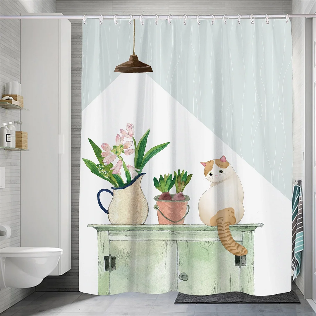 Modern Small Fresh Shower Flower Cat Shower Curtain Polyester Frabic Waterproof Polyester Bathroom Curtain with Hooks Home Decor