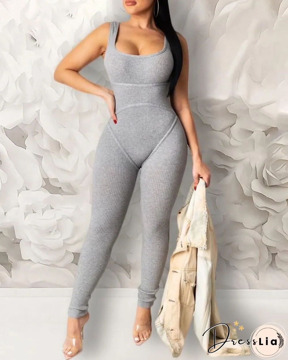 Solid U-neck Thick Strap Jumpsuit P15328