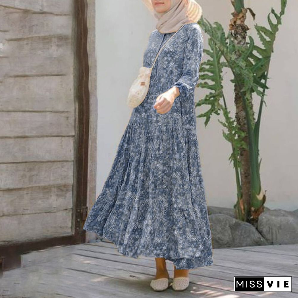 ZANZEA Women Muslim Elegant Baggy Kaftan Flota Robe Printed Abaya Holiday Dubai Islam Long Maxi Shirt Dress