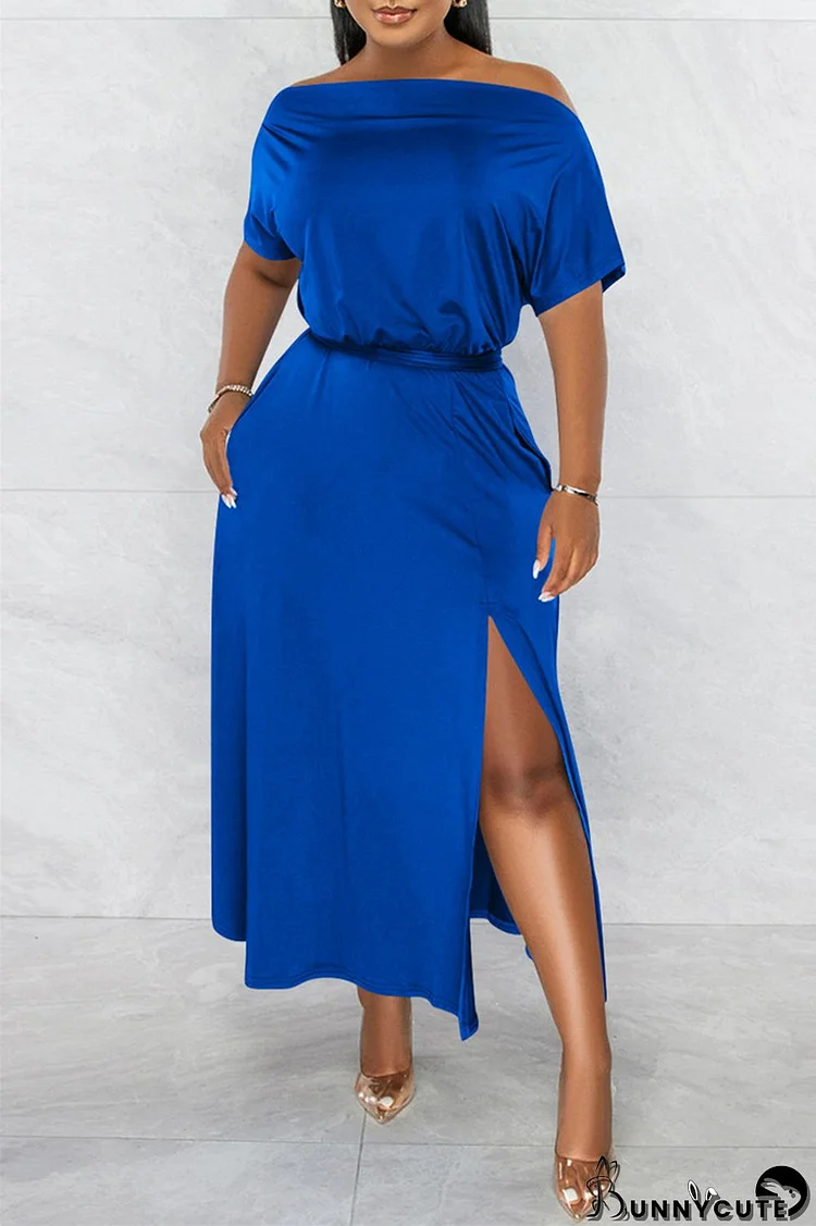 Blue Fashion Casual Solid Patchwork Slit Off the Shoulder Short Sleeve Dress