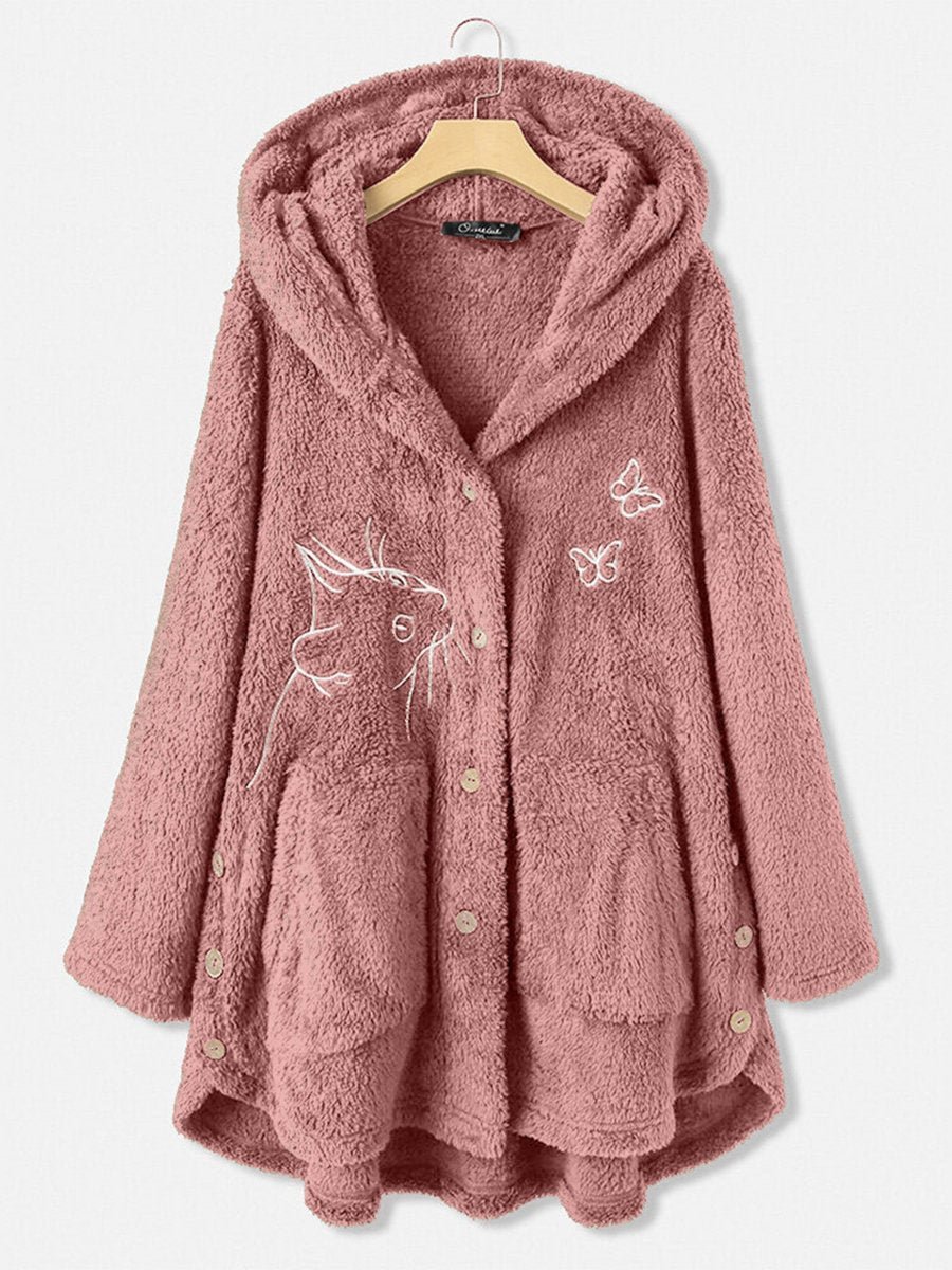 US WAREHOUSE Women's Winter Coat Hoodied Printed Button Plush Loose Wool Coat