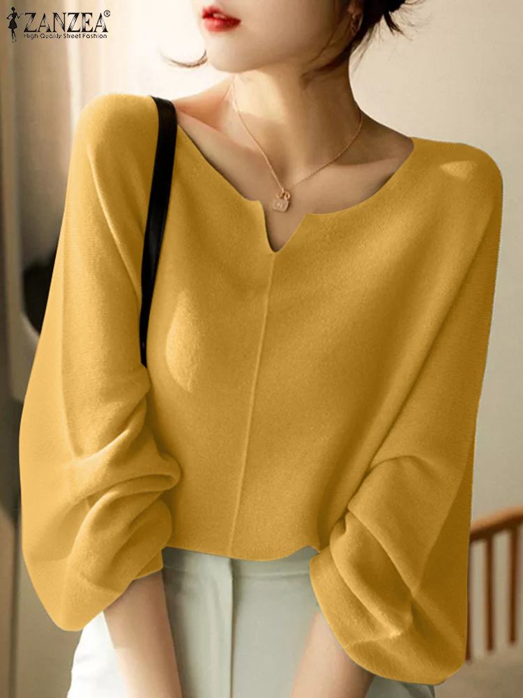 ZANZEA Elegant Women Blouse Autumn V Neck Long Sleeve Shirt Casual Solid Work Tunic Tops Femininas Blusas Chemise