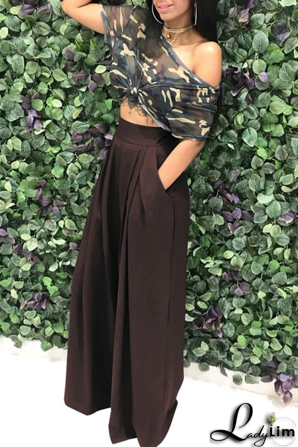 Coffee Fashion Casual Solid Patchwork Regular High Waist Conventional Solid Color Bottoms
