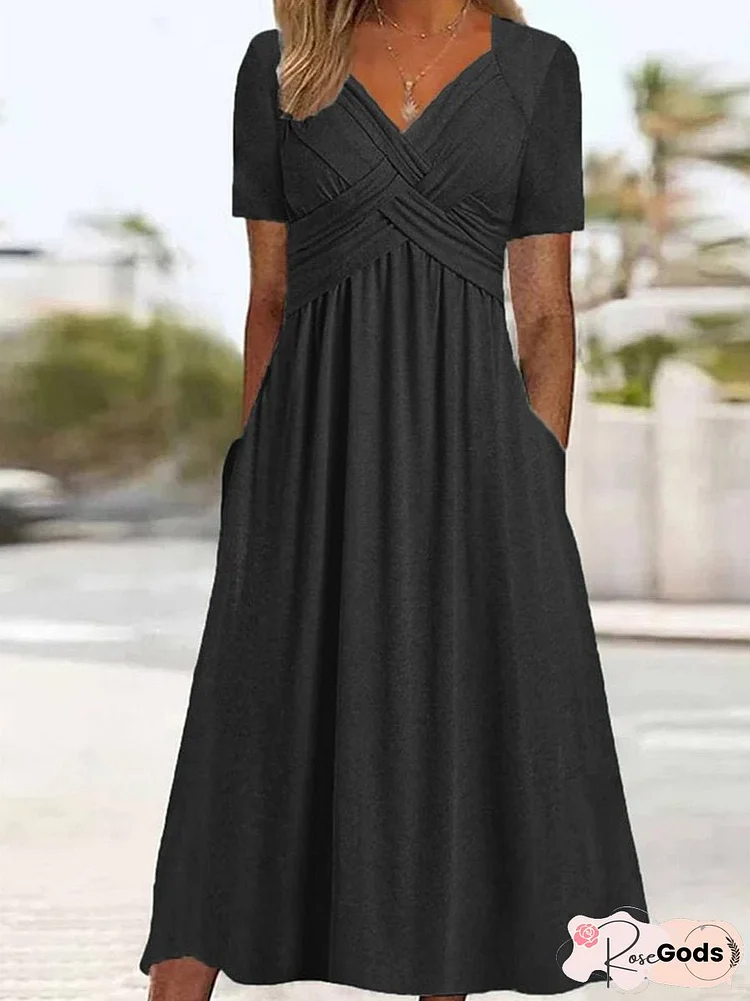 Women's Half Sleeve V-neck Solid Color Pockets Midi Dress