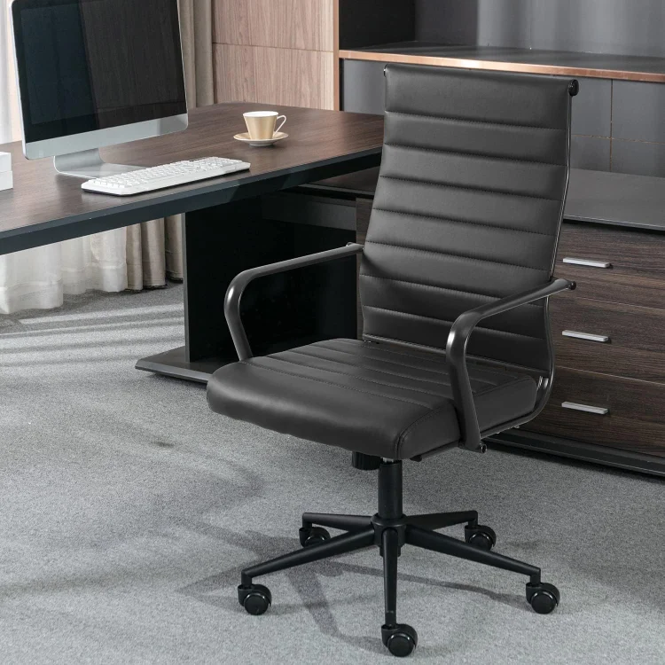 Black Office Chair, Ergonomic Leather Modern Office Chair, Executive Ribbed Height Adjustable Swivel Rolling Chair for Home Office