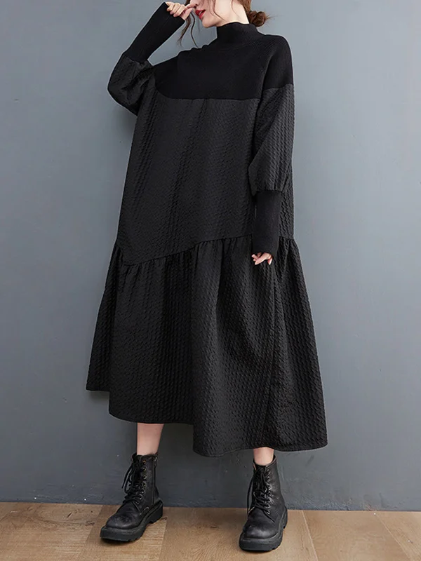 Casual Long Sleeves Loose Split-Joint Jacquard High-Neck Sweater Dresses