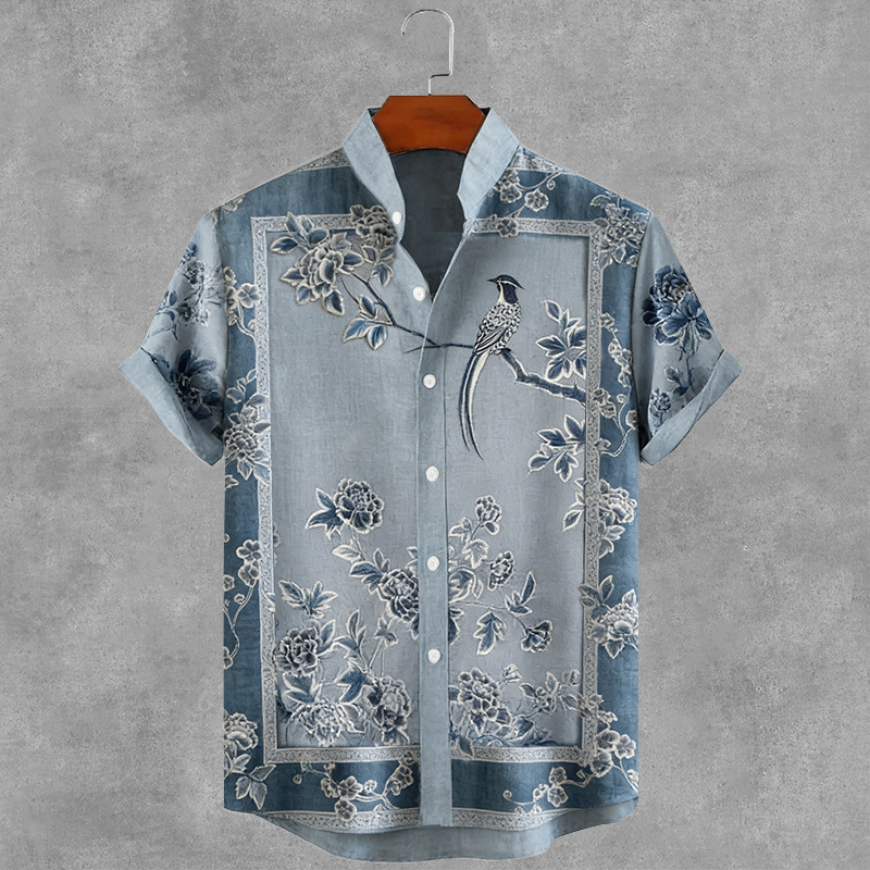 Men's Japanese Floral And Bird Art Print Short Sleeve Shirt elevenforest