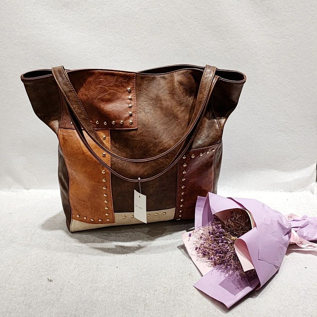Vintage fashion rivet color matching shoulder tote bag