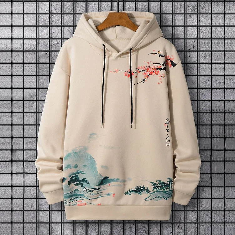 Men's Watercolor Blossom Mountain Art Painting Print Hoodie