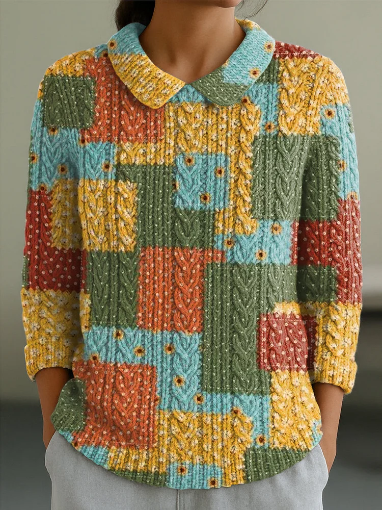 Women's Vintage Colorful Plaid Painting Art Print Casual Peter Pan Collar 3/4 Sleeve Sweater