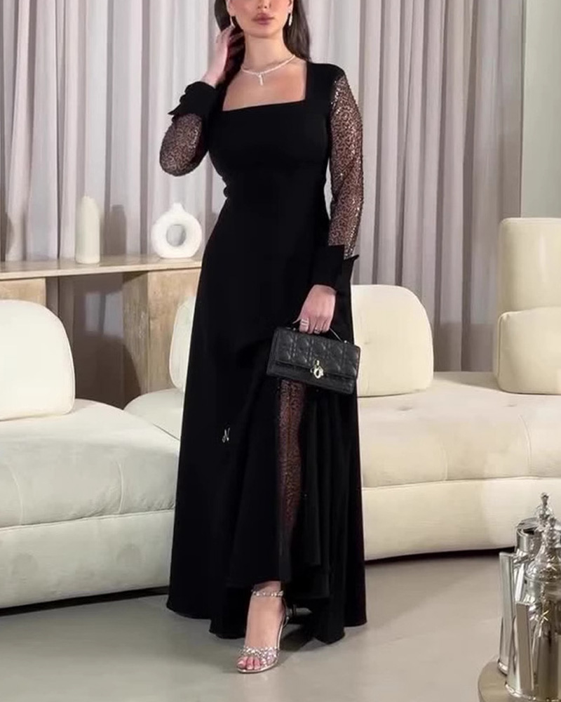Retro Square Collar Sequin Mesh Dress