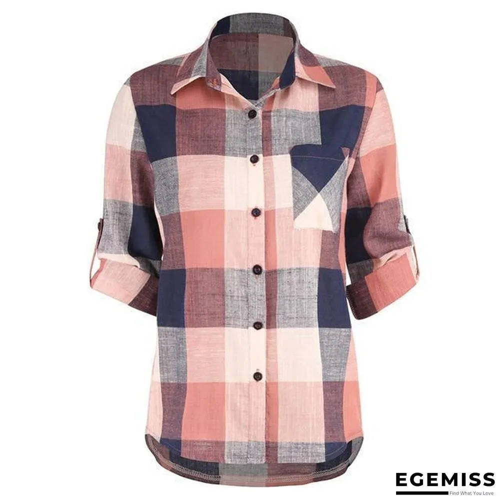 Fashion women Casual Matching Color Long Sleeve Button Loose Plaid Shirt Top Blouse | EGEMISS